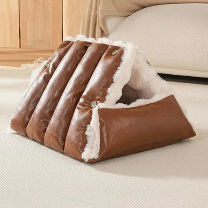 Faux Leather Vintage Multi-function Plush Dog Bed Convertible Dog Car Seat