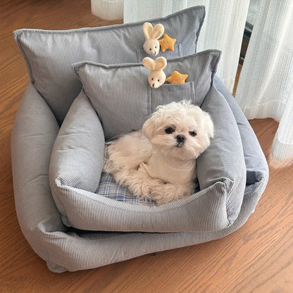 Rustic Corduroy Plaid Patchwork Dog Sofa Bed with Toy